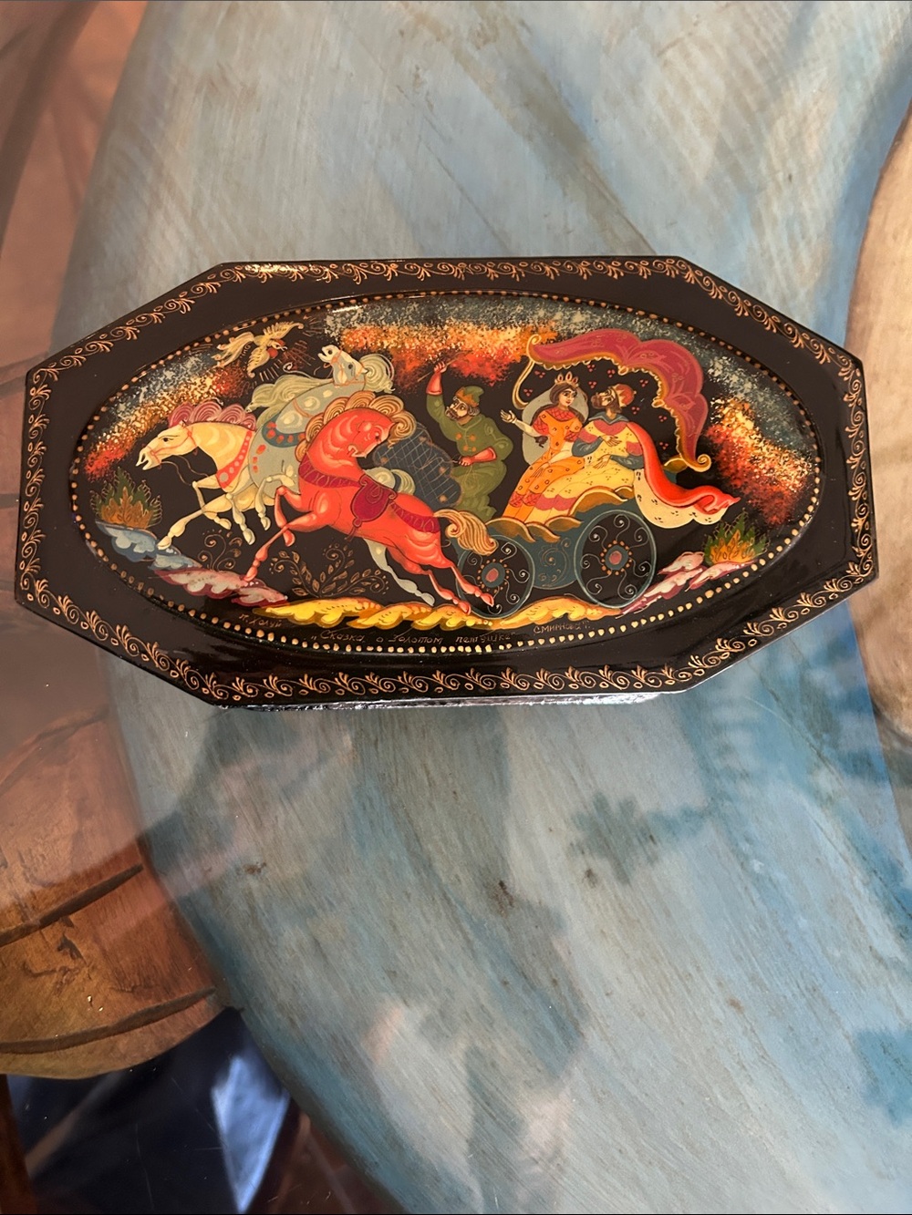 Hand-Painted Russian Lacquer Trinket Box - Black with Multicolor Scene